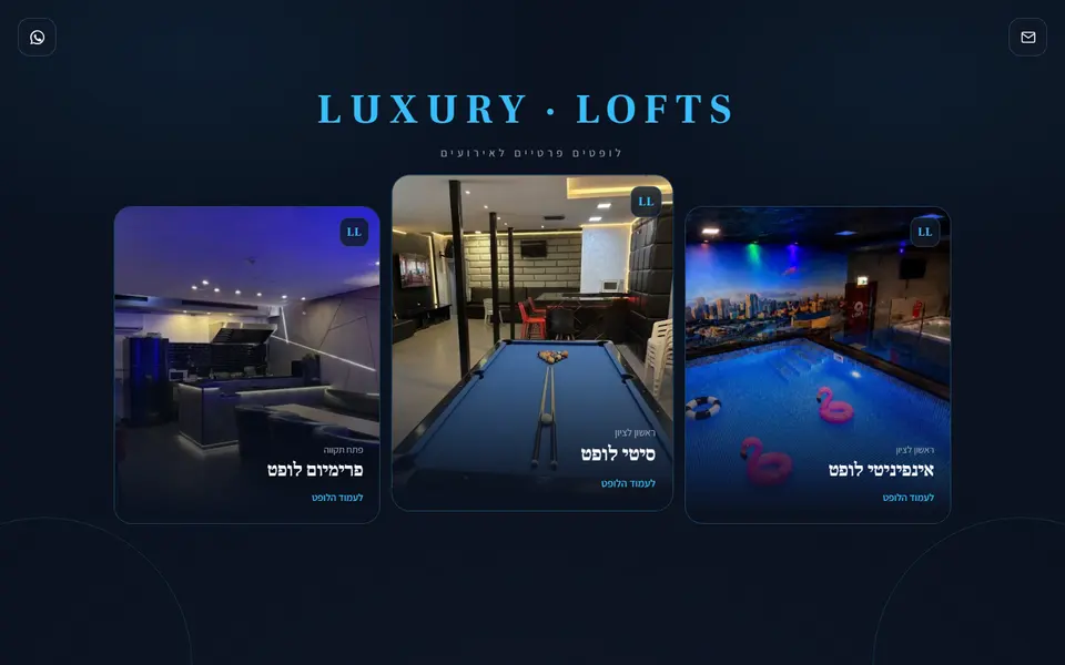 דף הבית של LUXURY LOFTS, אתר שבנינו לשלושה לופטים פרטיים לאירועים